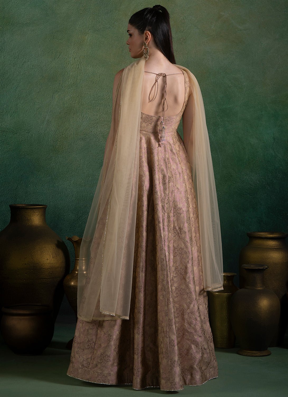 Golden Peach Embroidered Brocade Anarkali - Lashkaraa