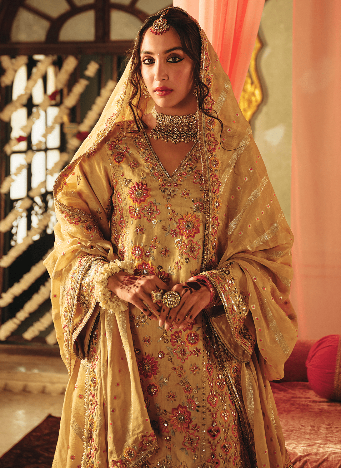Golden Yellow Embroidered Crepe Punjabi Suit - Lashkaraa