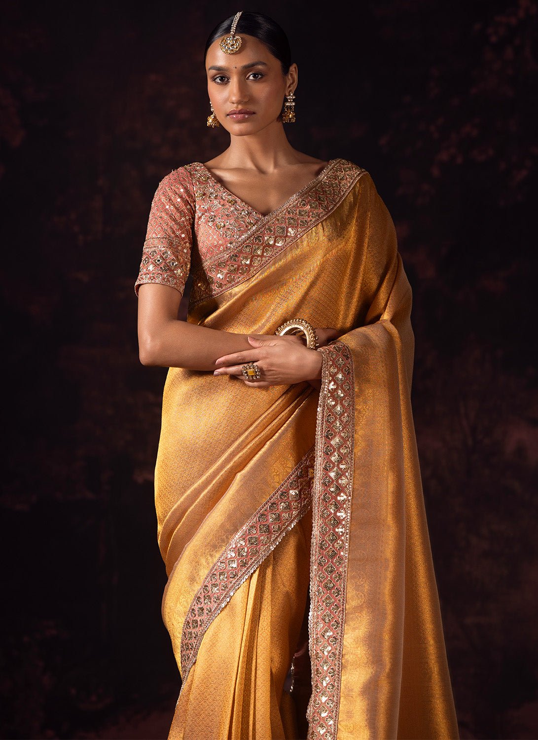 Golden Yellow Embroidered Tissue Saree - Lashkaraa