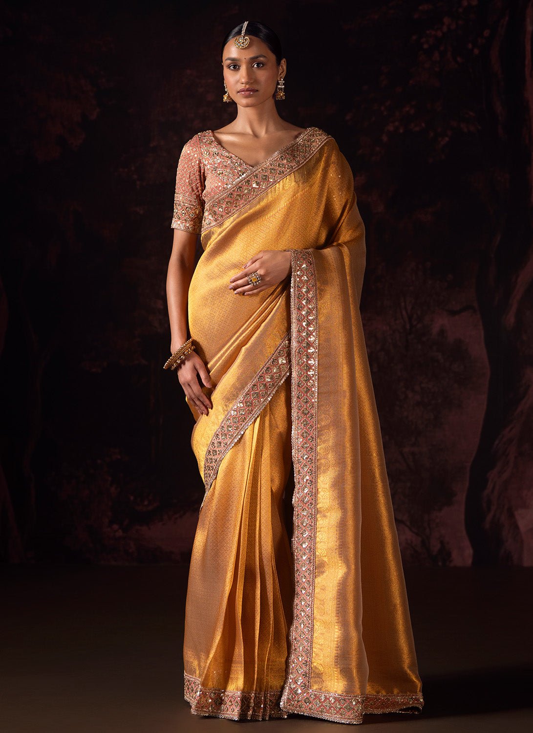 Golden Yellow Embroidered Tissue Saree - Lashkaraa