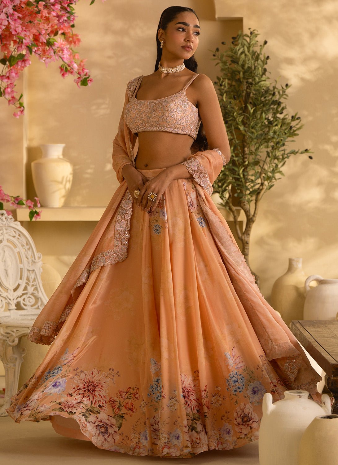 Golden Yellow Floral Embroidered Crepe Silk Lehenga - Lashkaraa