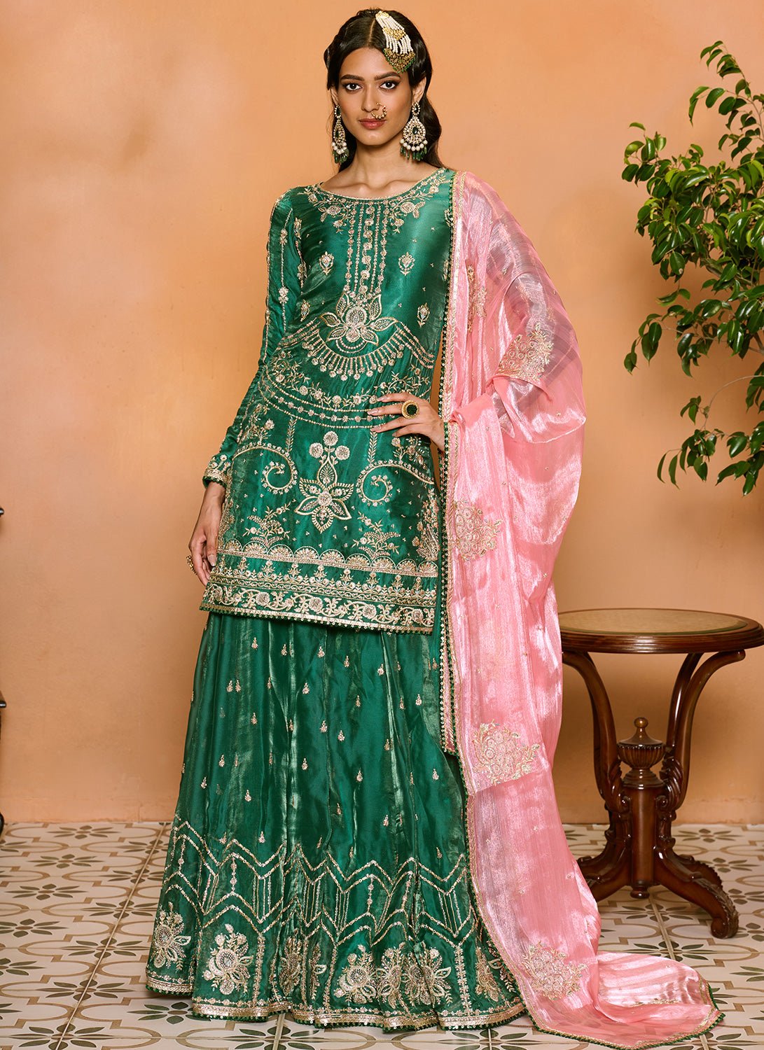 lashkaraa Green and Pink Embroidered Sharara Suit