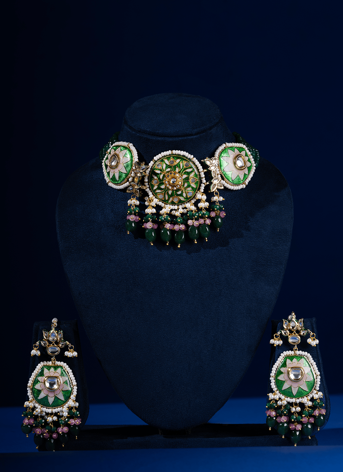 Green and Pink Meenakari Choker Set - Lashkaraa