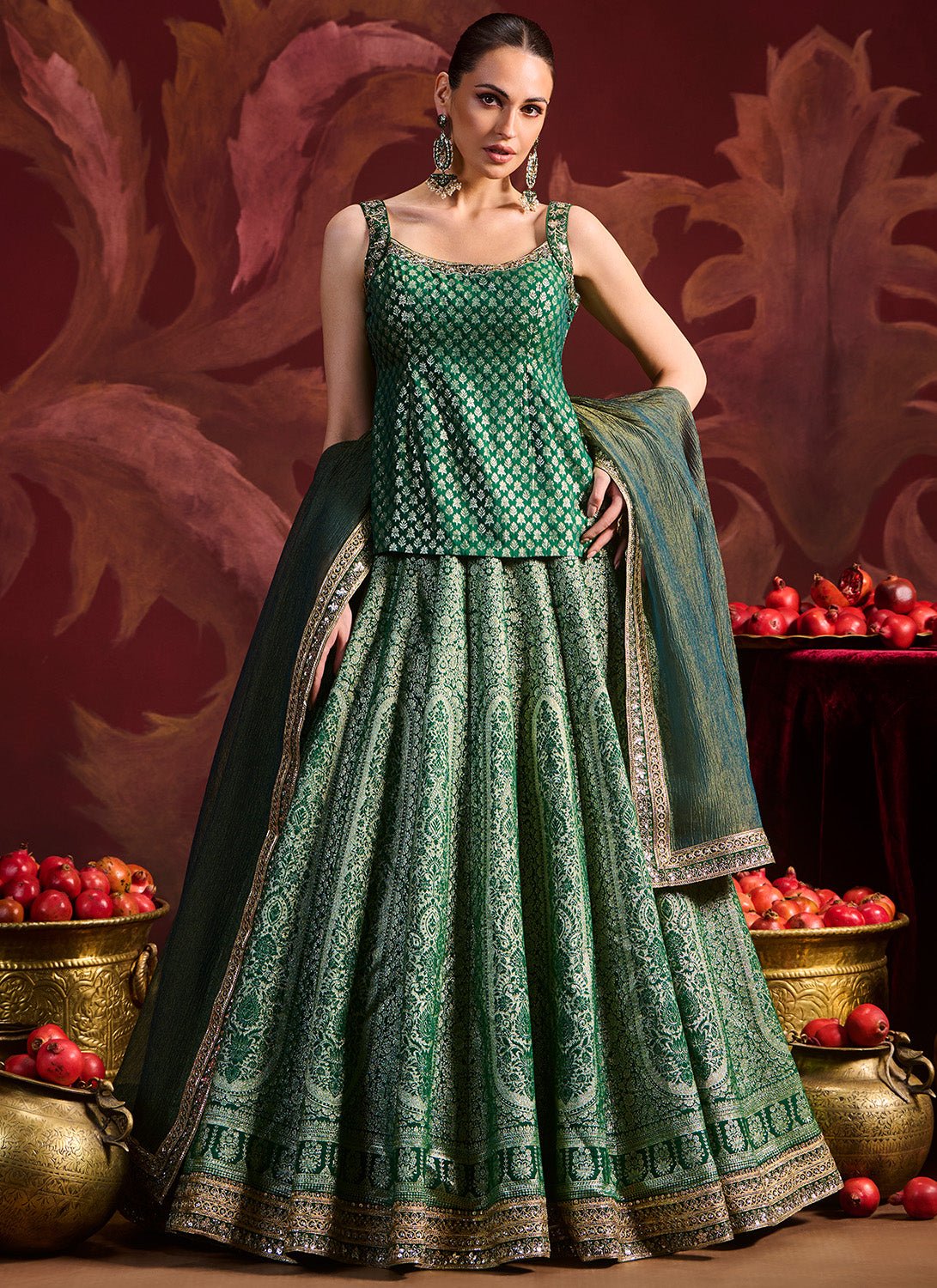 Green Embroidered Brocade Kurti Style Lehenga - Lashkaraa