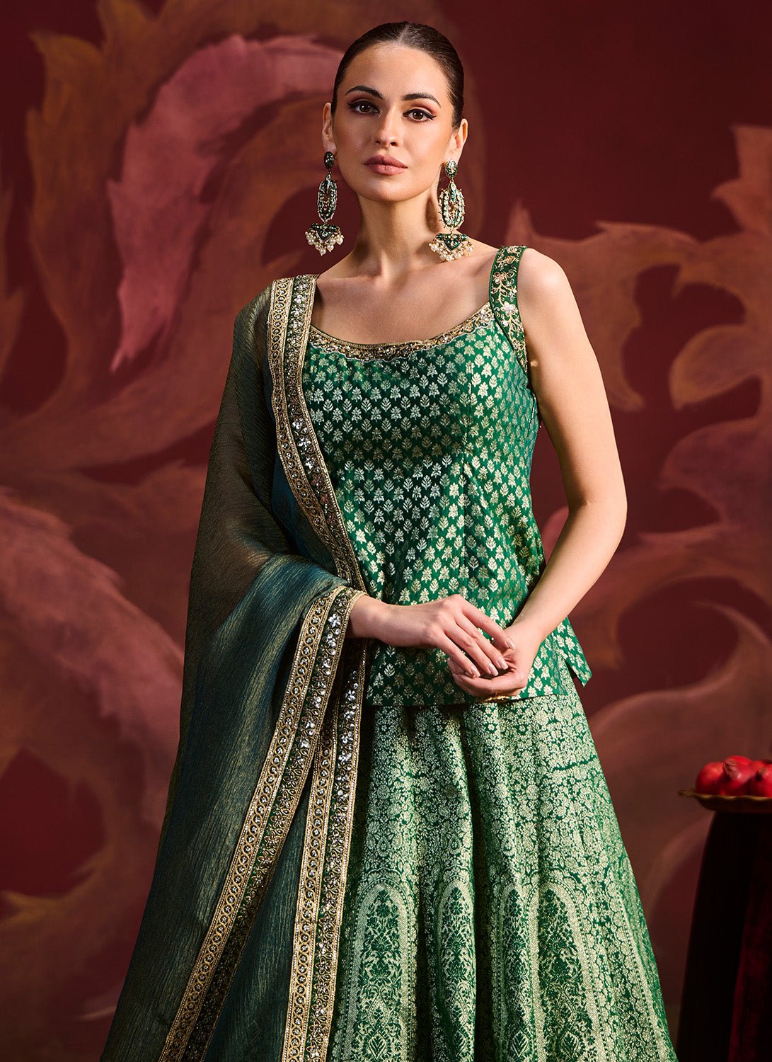 Green Embroidered Brocade Kurti Style Lehenga - Lashkaraa