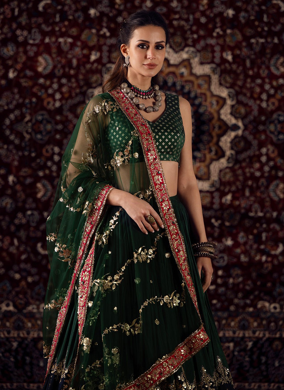 Green Embroidered Brocade Lehenga - Lashkaraa