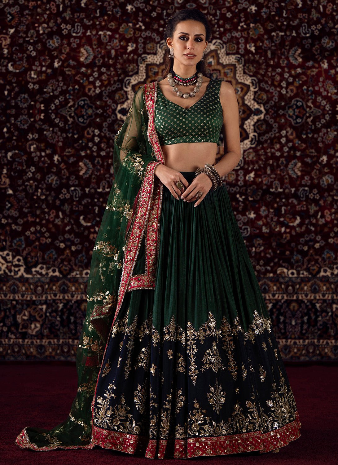 Green Embroidered Brocade Lehenga - Lashkaraa