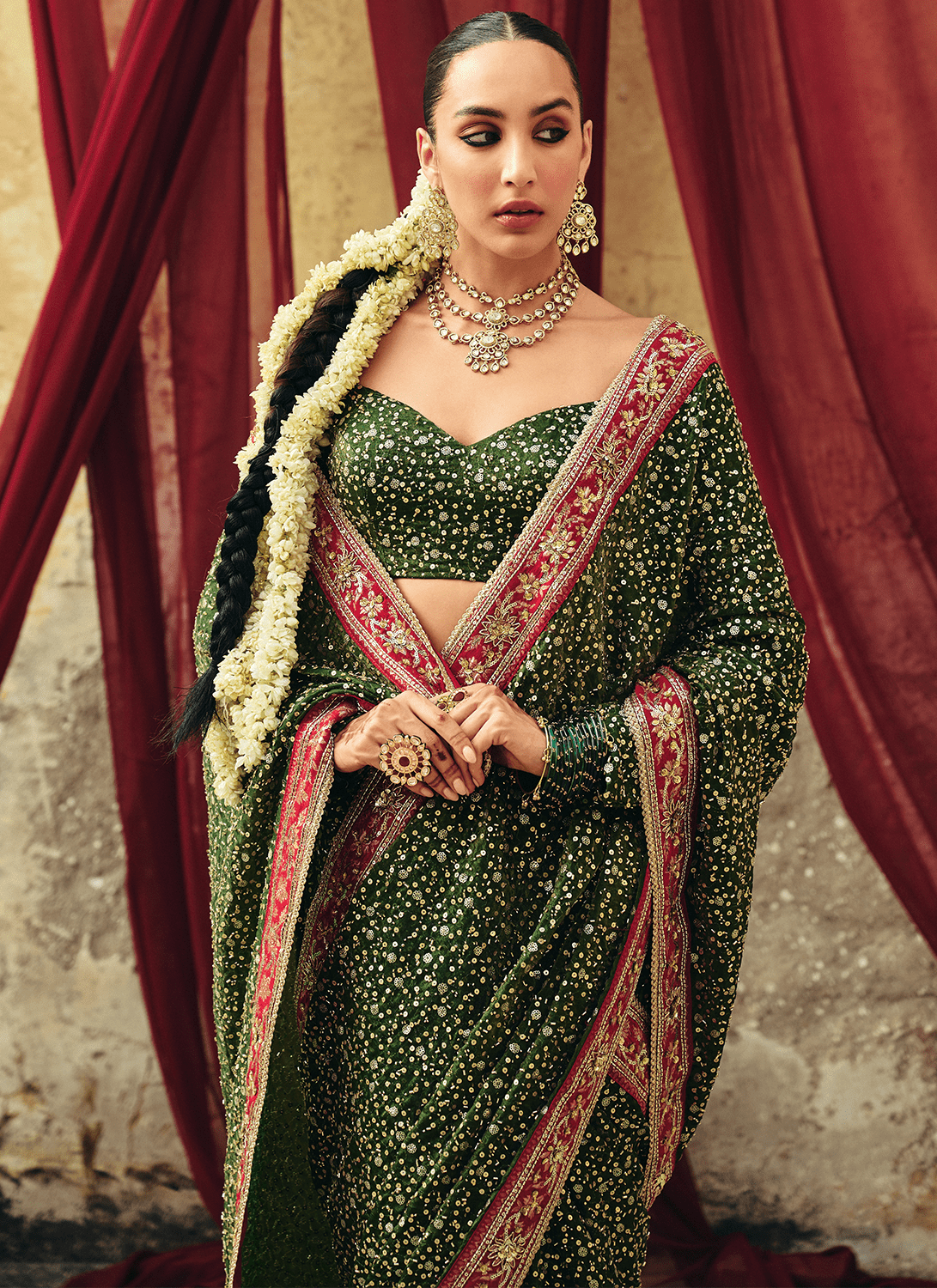 Green Embroidered Brocade Saree - Lashkaraa