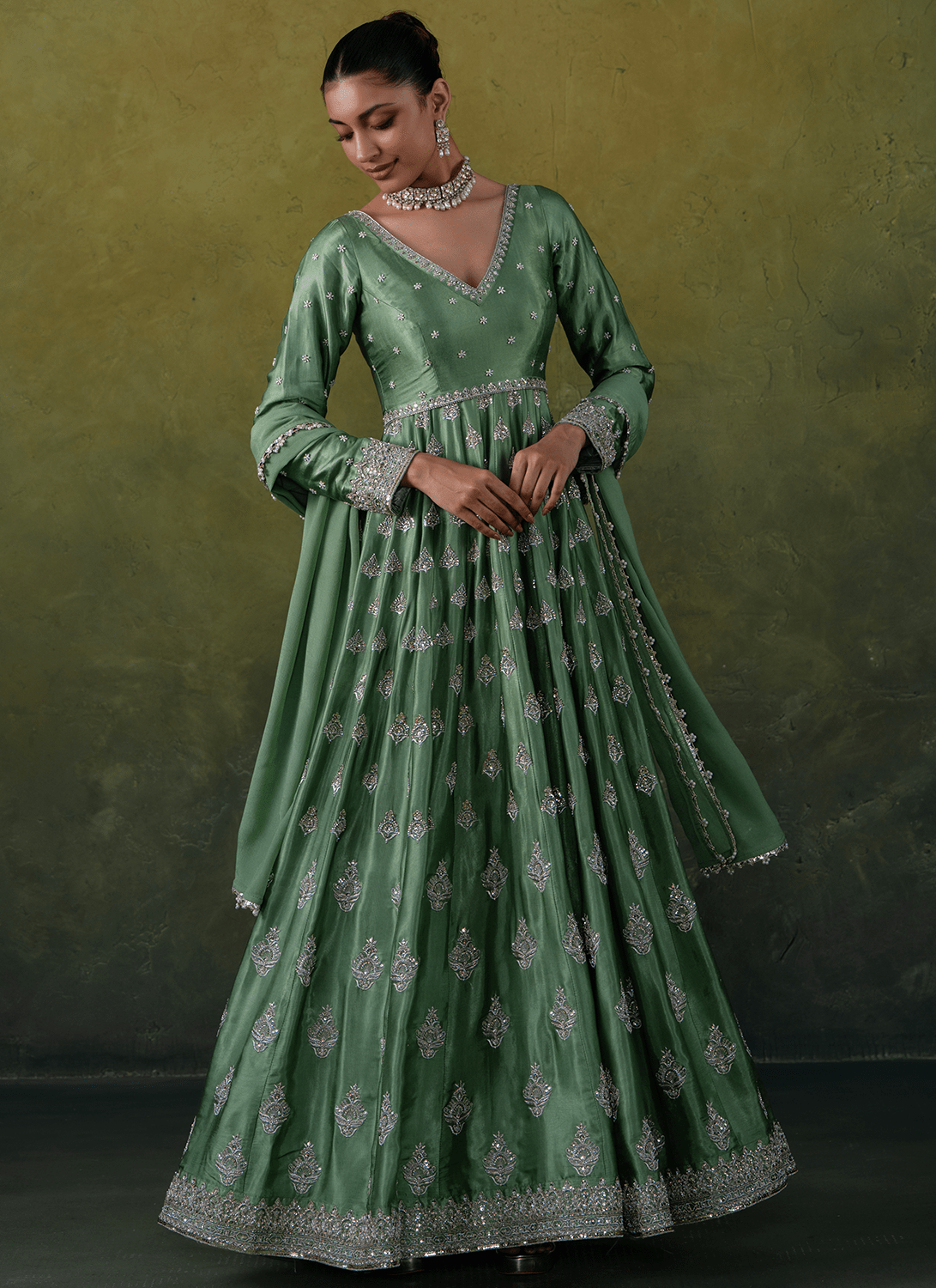 Green Embroidered Silk Anarkali - Lashkaraa