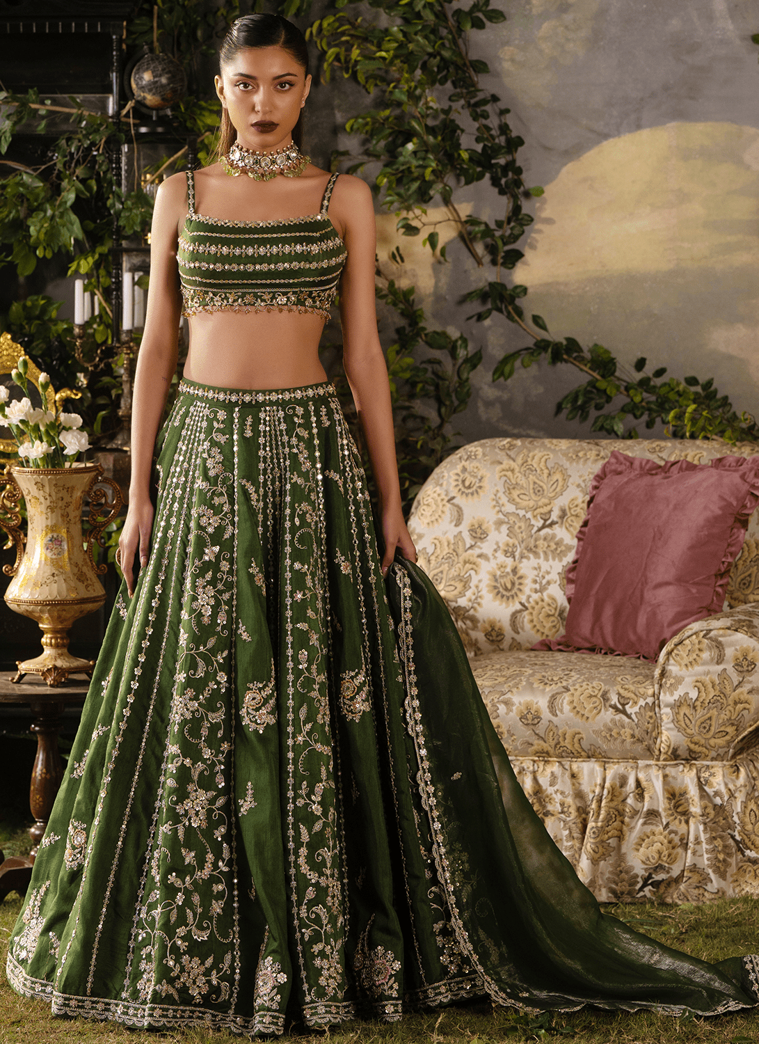 Green Embroidered Silk Lehenga - Lashkaraa
