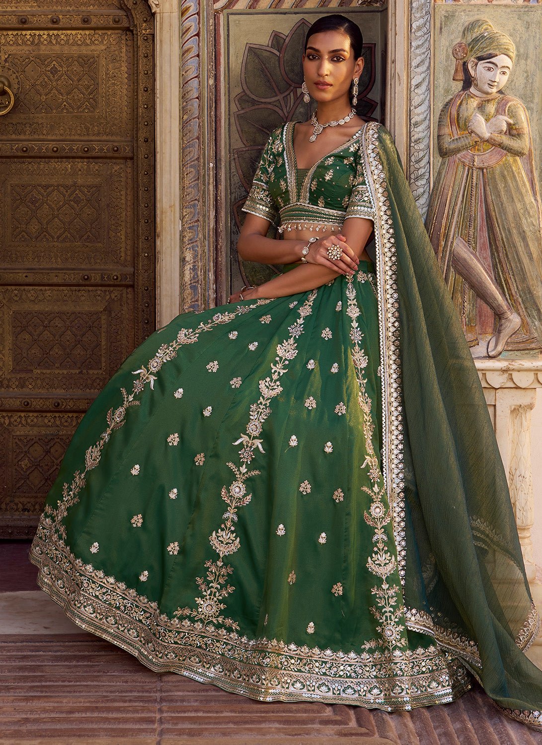 Green Embroidered Silk Lehenga - Lashkaraa
