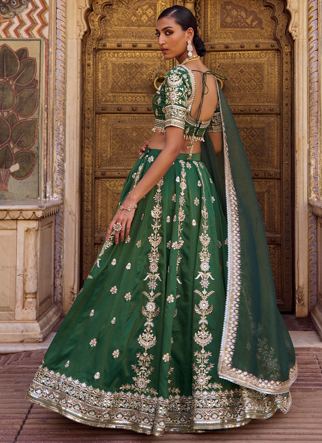 Green Embroidered Silk Lehenga - Lashkaraa
