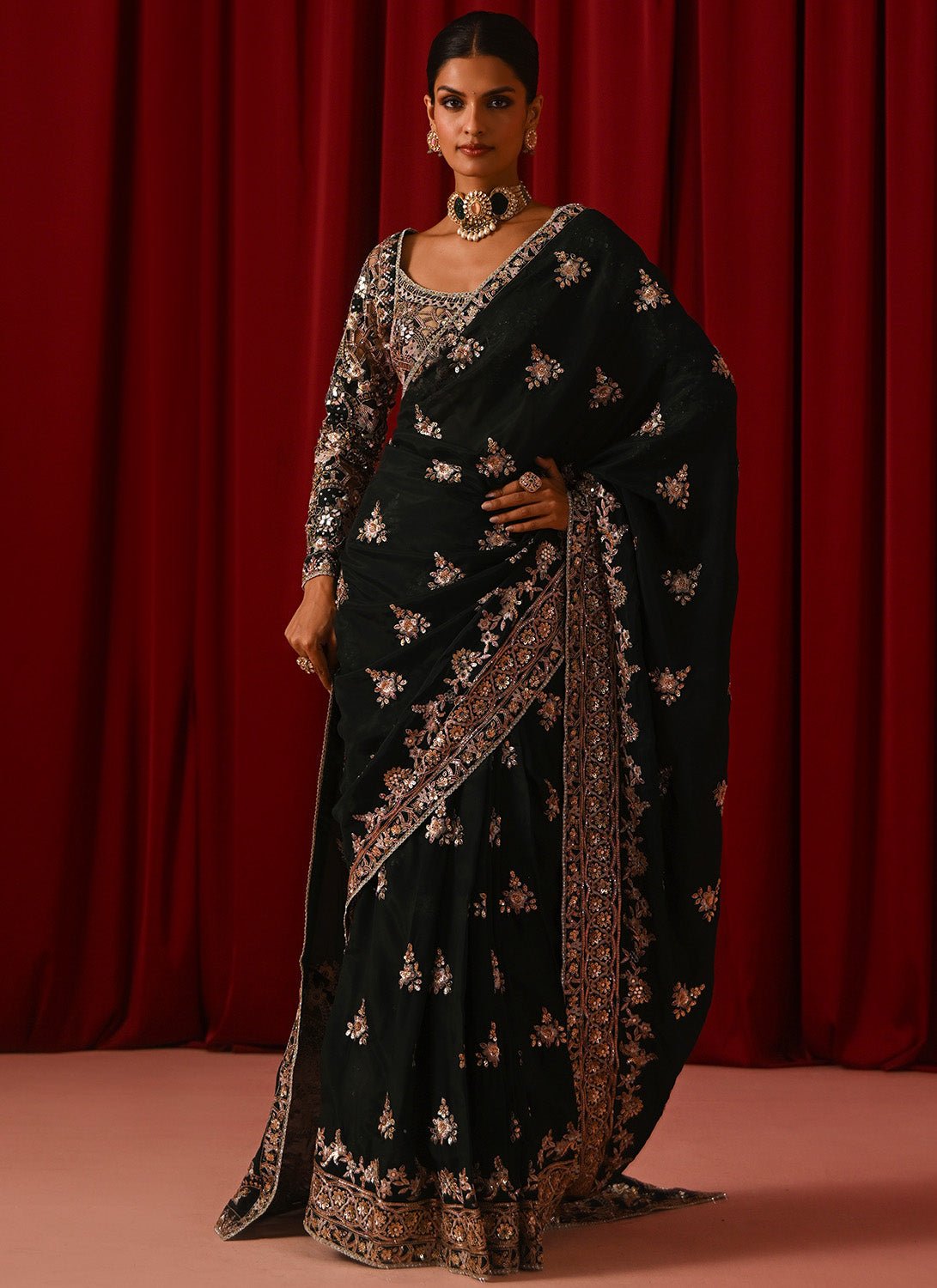 Green Embroidered Silk Saree - Lashkaraa