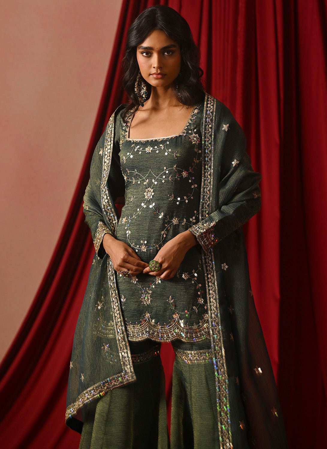Green Embroidered Tissue Gharara - Lashkaraa