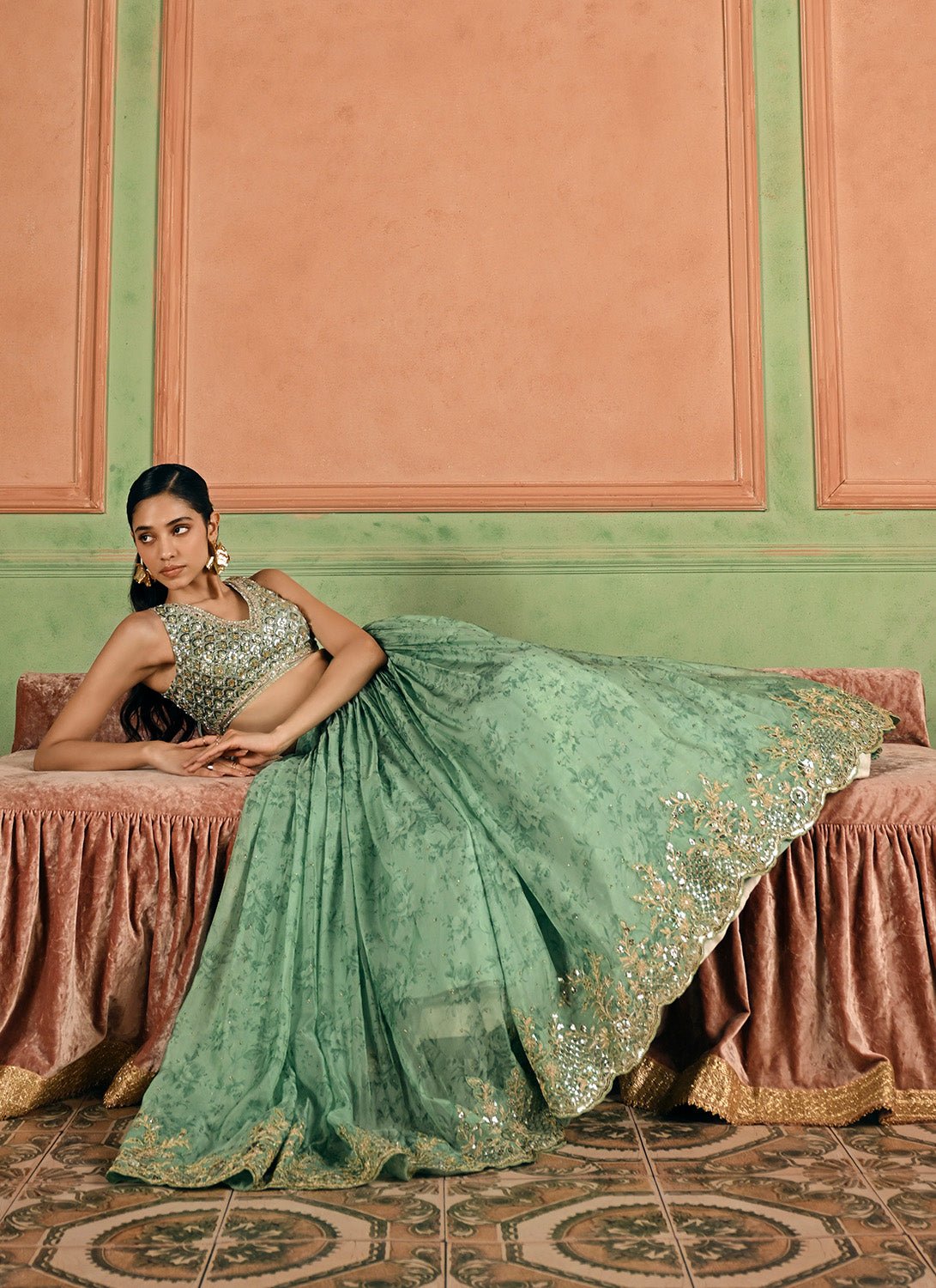 Green Embroidered Tissue Lehenga - Lashkaraa
