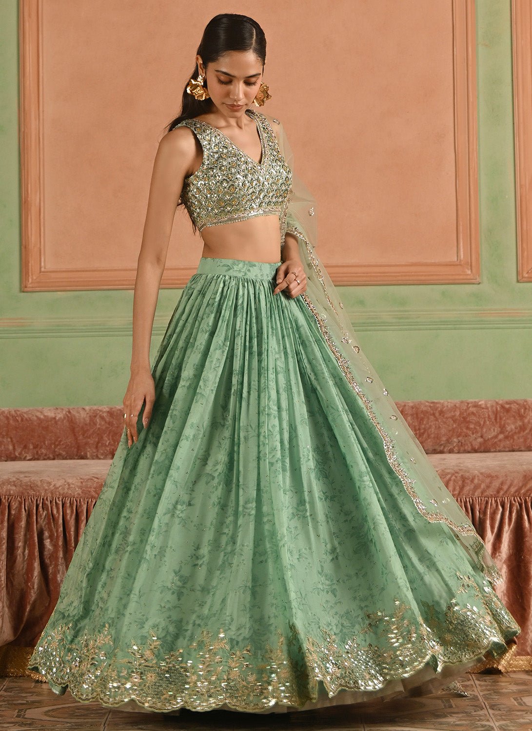 Green Embroidered Tissue Lehenga - Lashkaraa