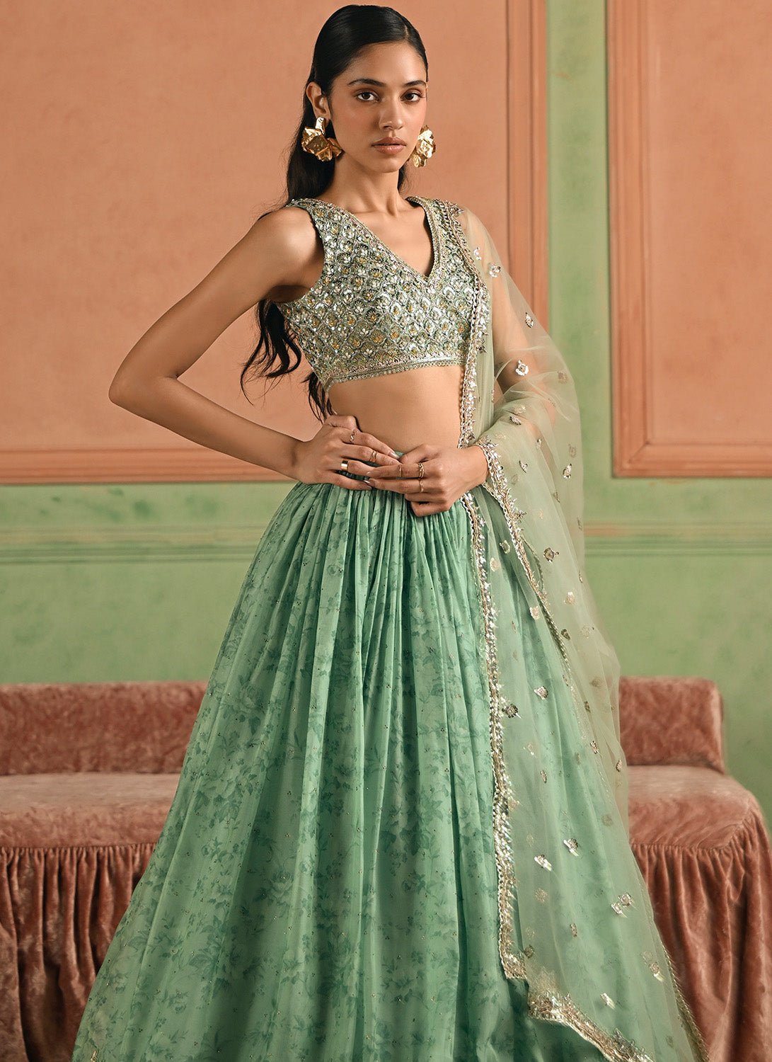 Green Embroidered Tissue Lehenga - Lashkaraa