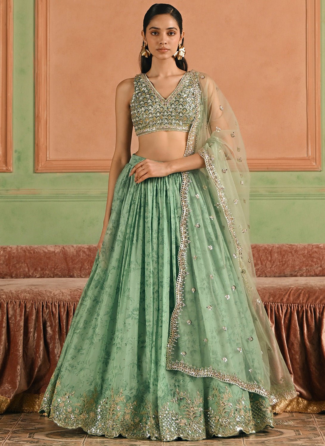 Green Embroidered Tissue Lehenga - Lashkaraa