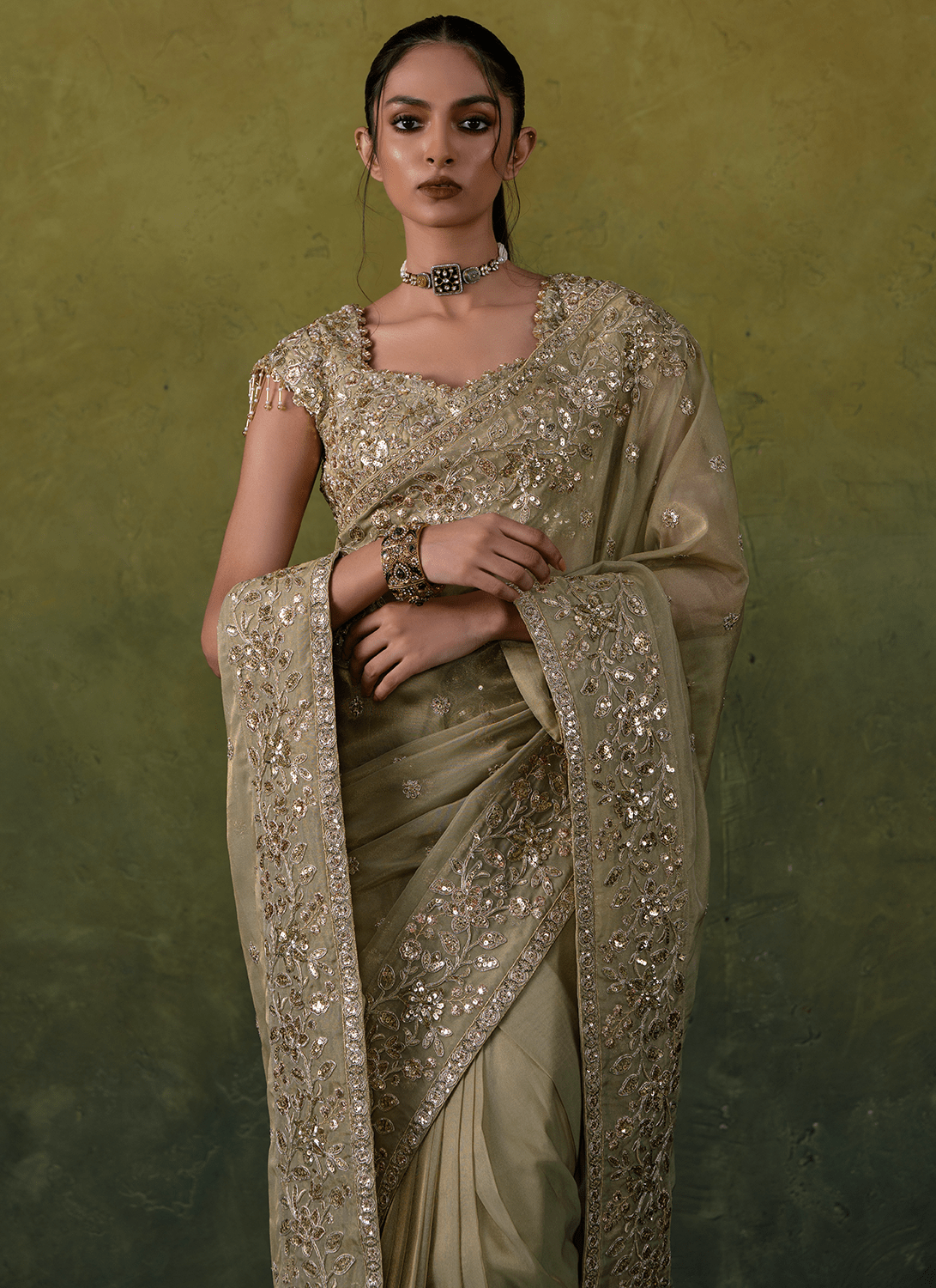 Green Embroidered Tissue Saree - Lashkaraa
