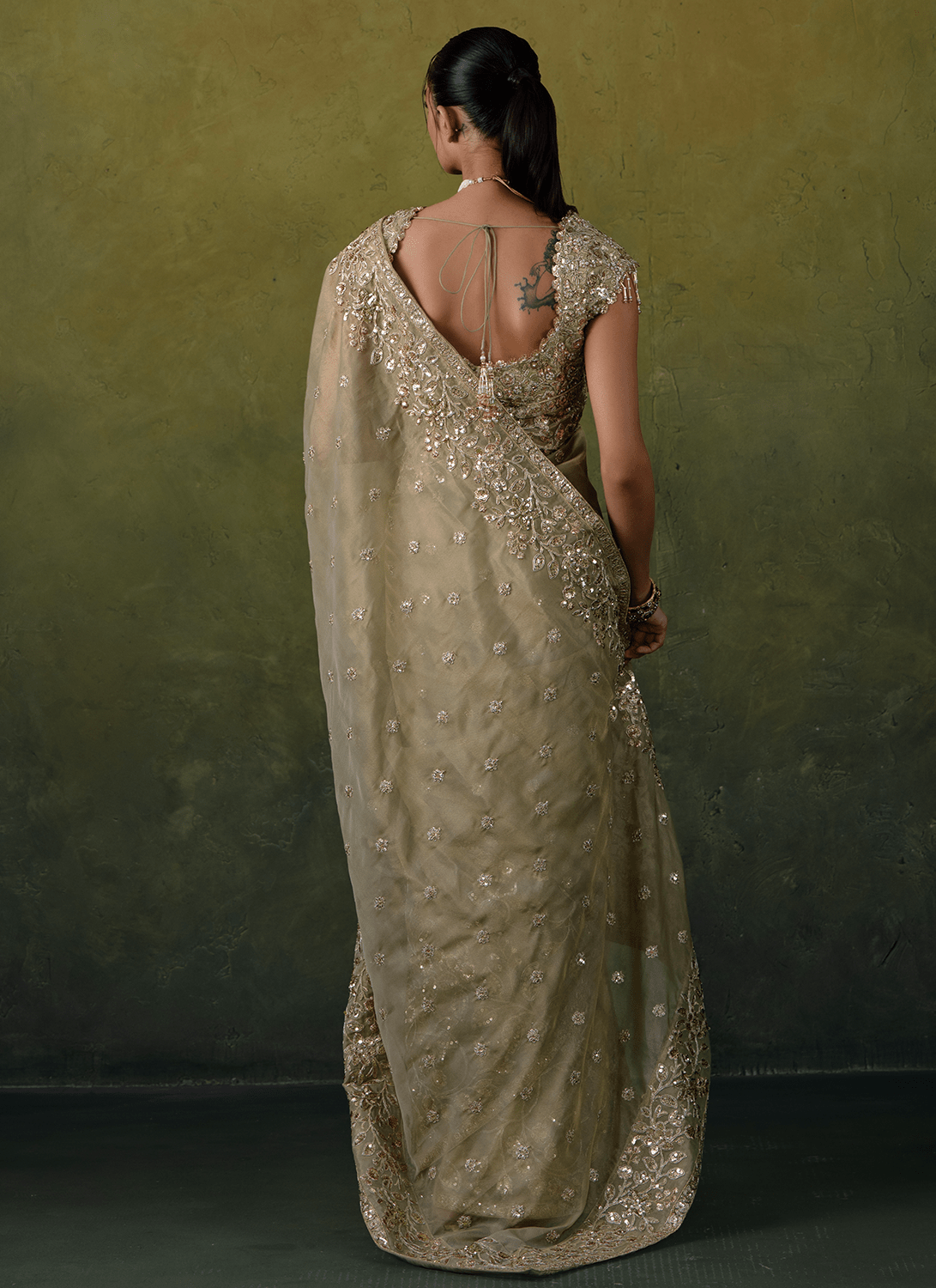 Green Embroidered Tissue Saree - Lashkaraa