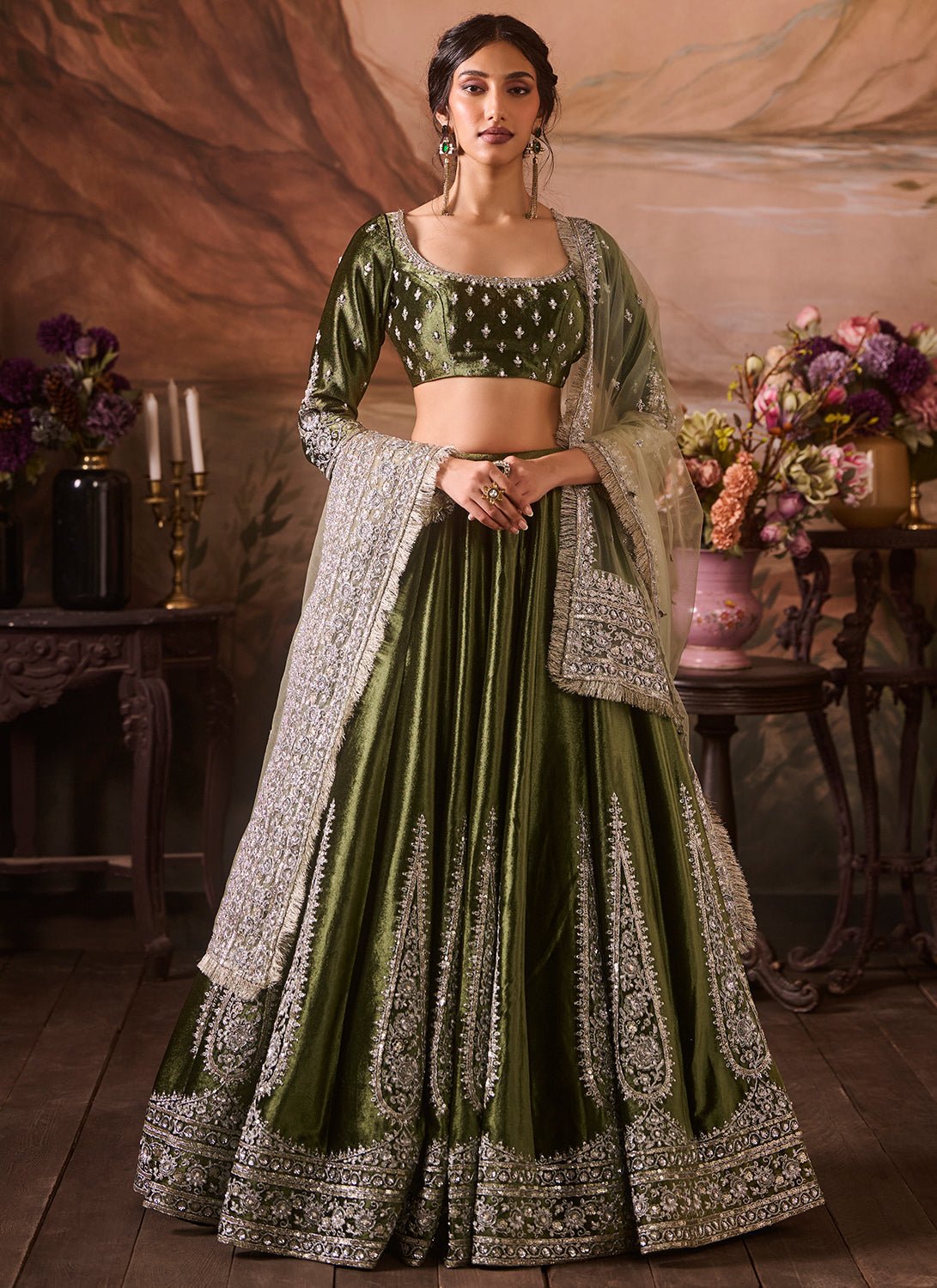 Green Embroidered Velvet Lehenga - Lashkaraa