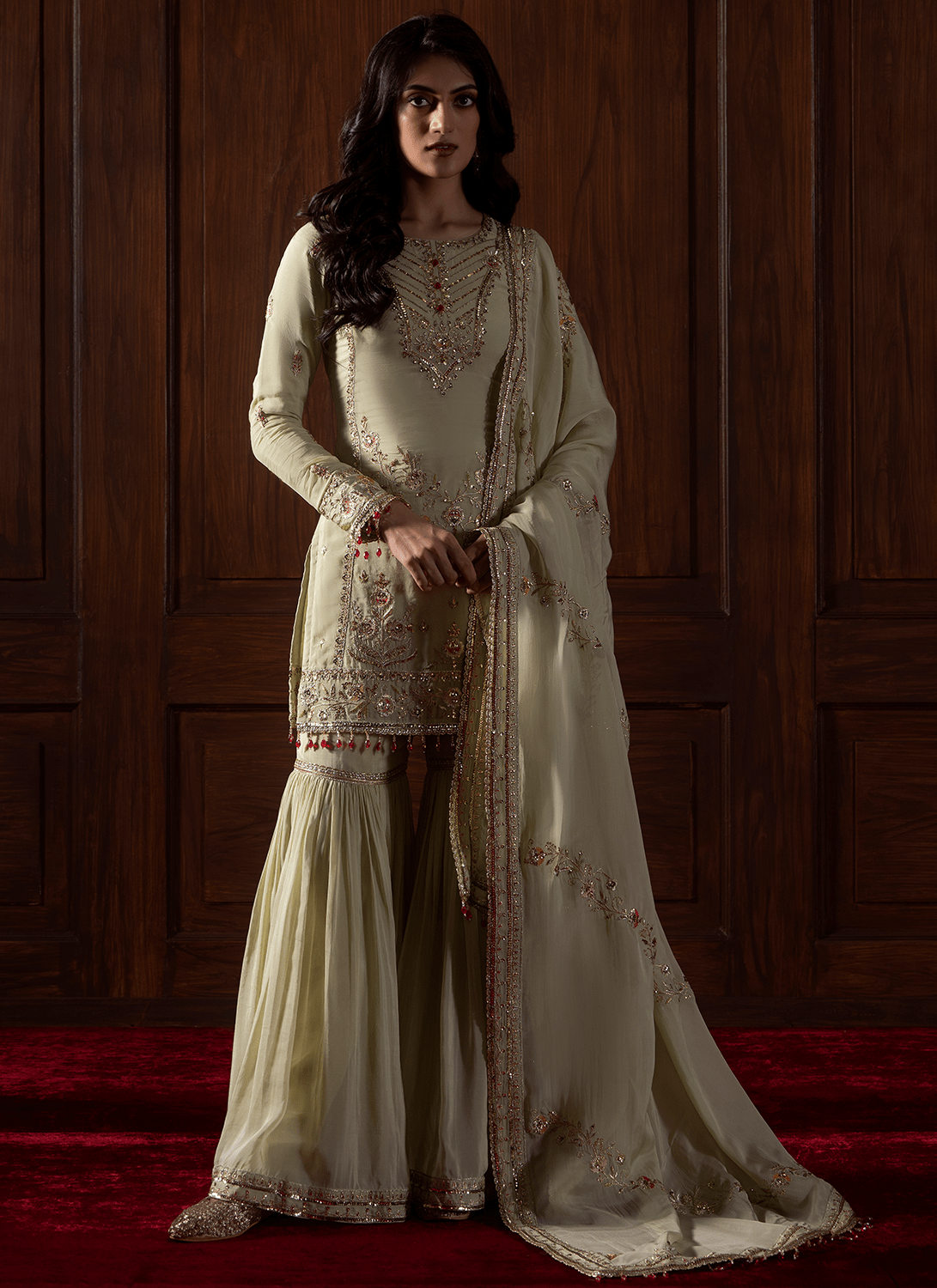 Green Embroidered Viscose Organza Gharara - Lashkaraa