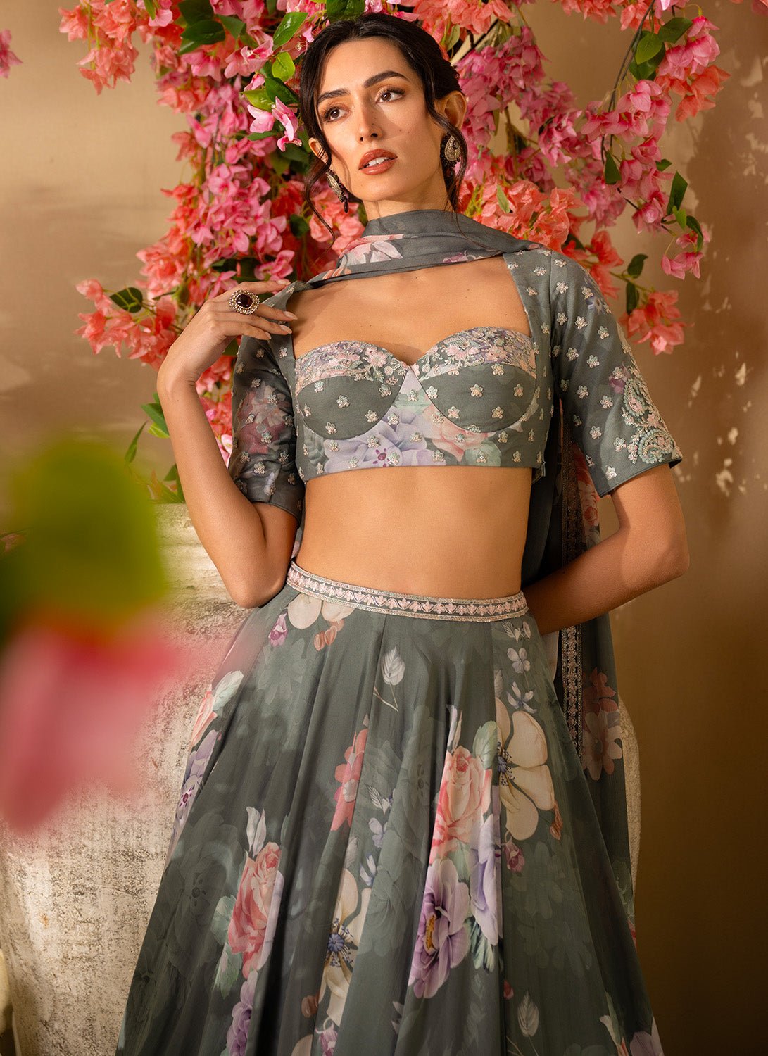 Green Floral Embroidered Organza Lehenga - Lashkaraa