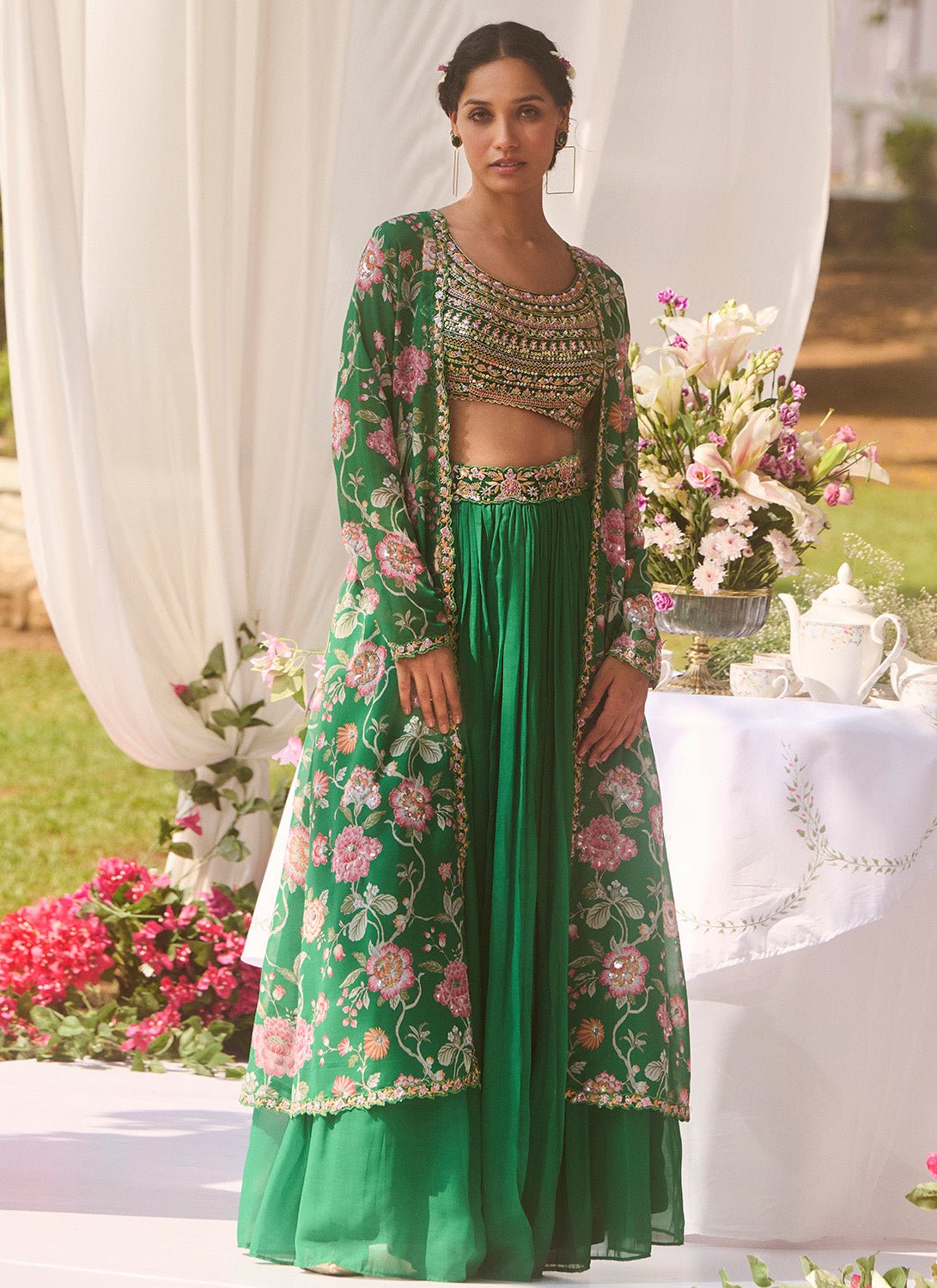 Green Floral Embroidered Pant Set With Jacket - Lashkaraa