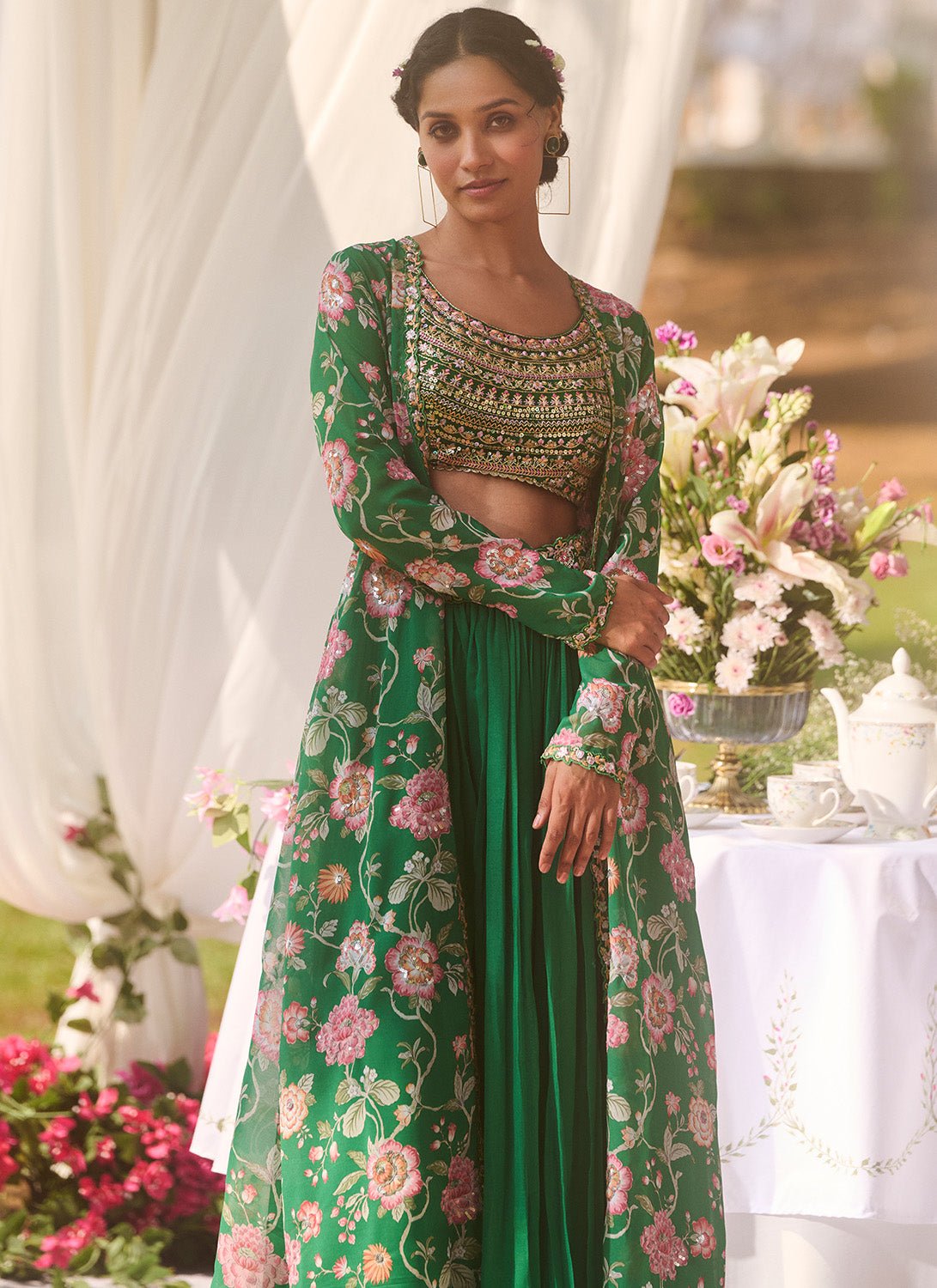 Green Floral Embroidered Pant Set With Jacket - Lashkaraa