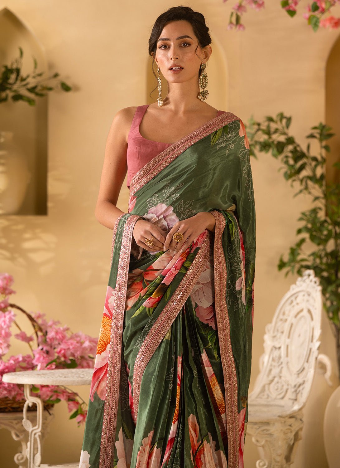 Green Multicolor Floral Embroidered Viscose Chinon Saree - Lashkaraa