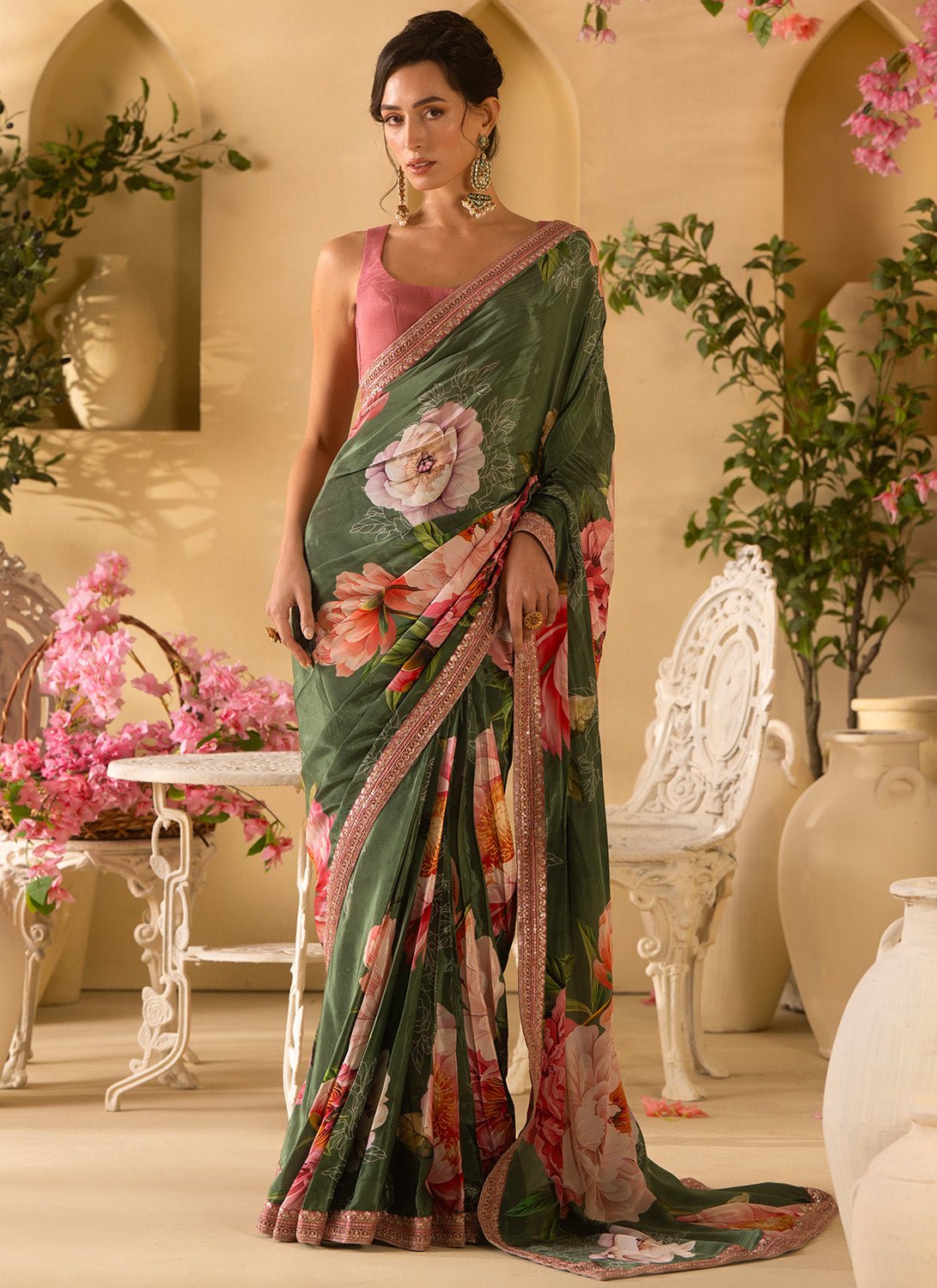 Green Multicolor Floral Embroidered Viscose Chinon Saree - Lashkaraa