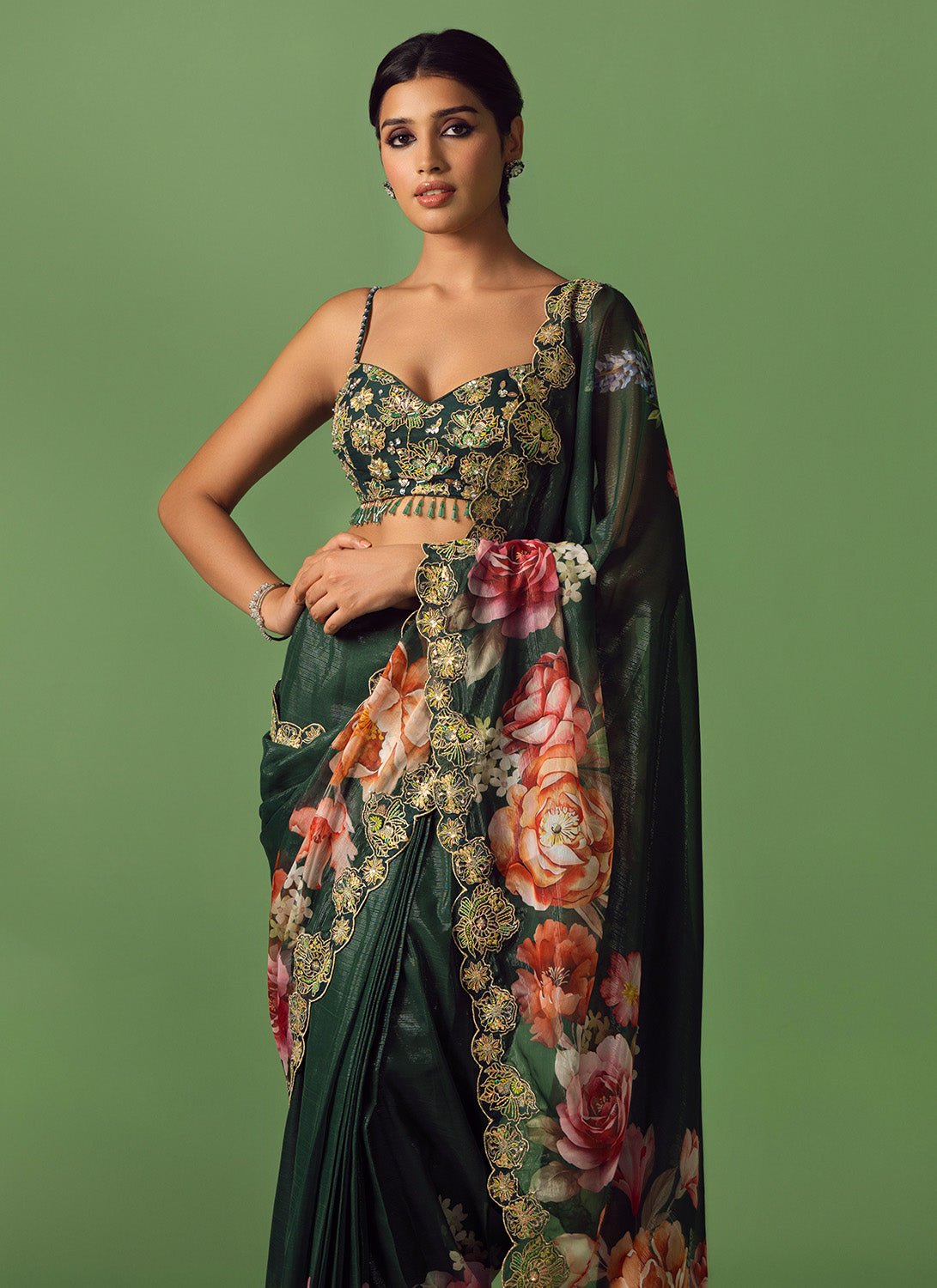 Green Multicolor Floral Printed Saree - Lashkaraa