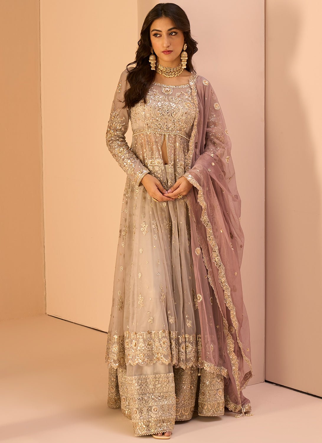 Grey Embroidered Anarkali Style Sharara - Lashkaraa