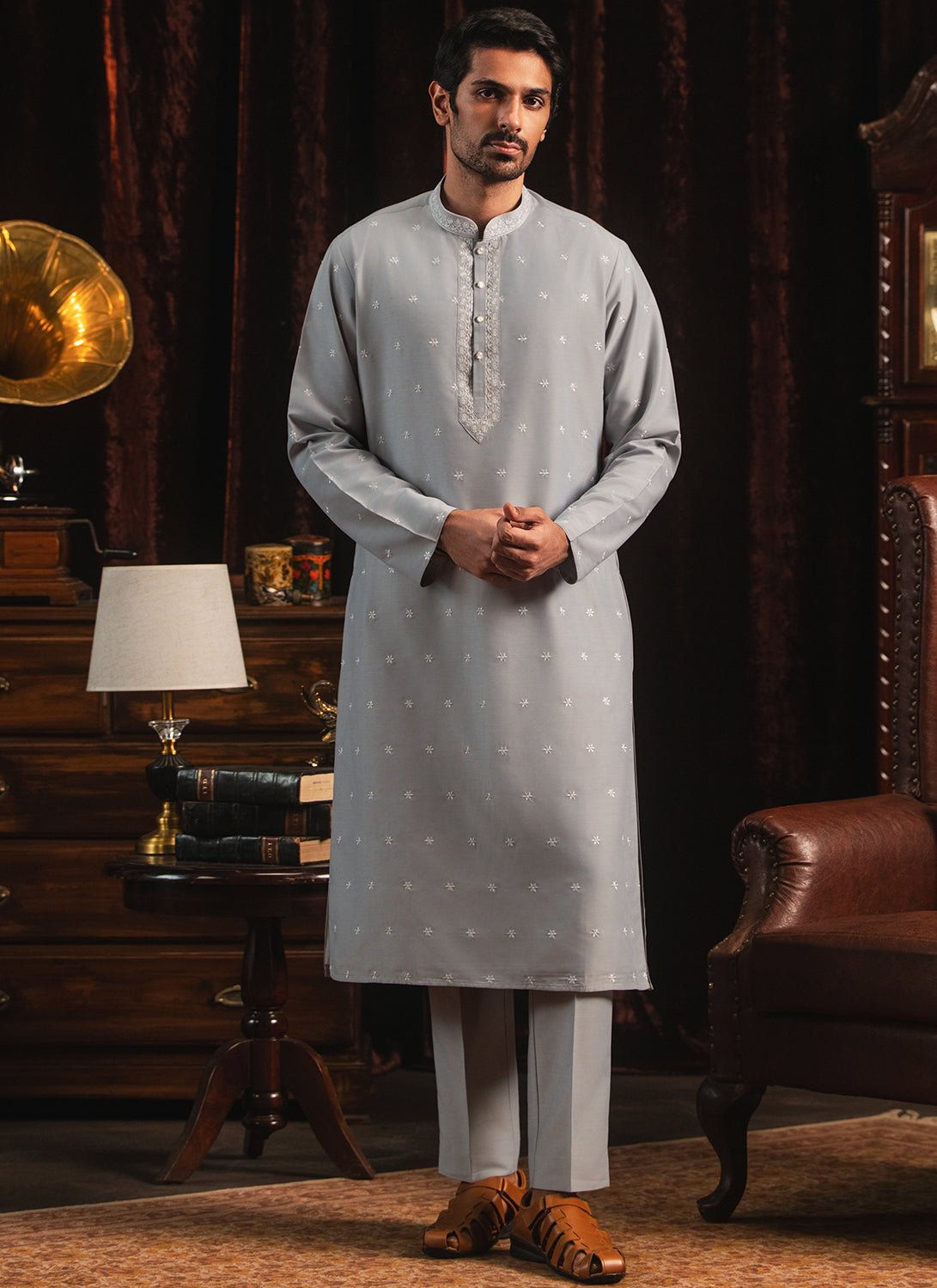 Grey Embroidered Kurta Set - Lashkaraa