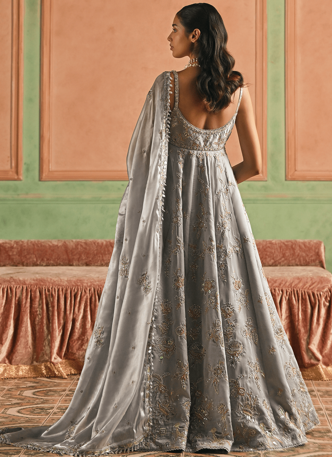 Grey Embroidered Silk Anarkali - Lashkaraa