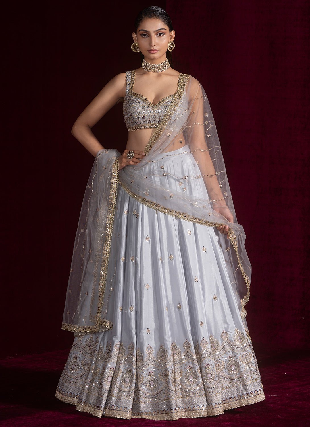 Grey Embroidered Silk Lehenga - Lashkaraa