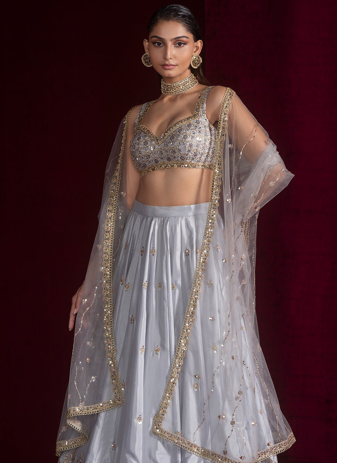 Grey Embroidered Silk Lehenga - Lashkaraa
