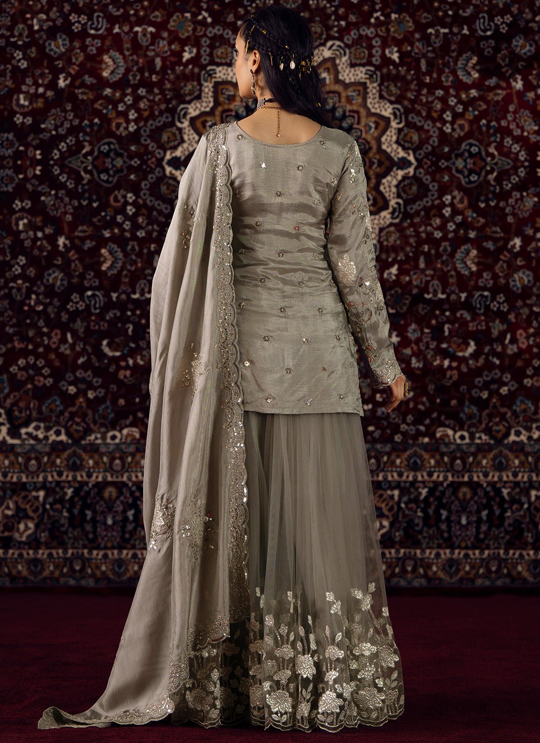 Grey Embroidered Silk Sharara Suit - Lashkaraa