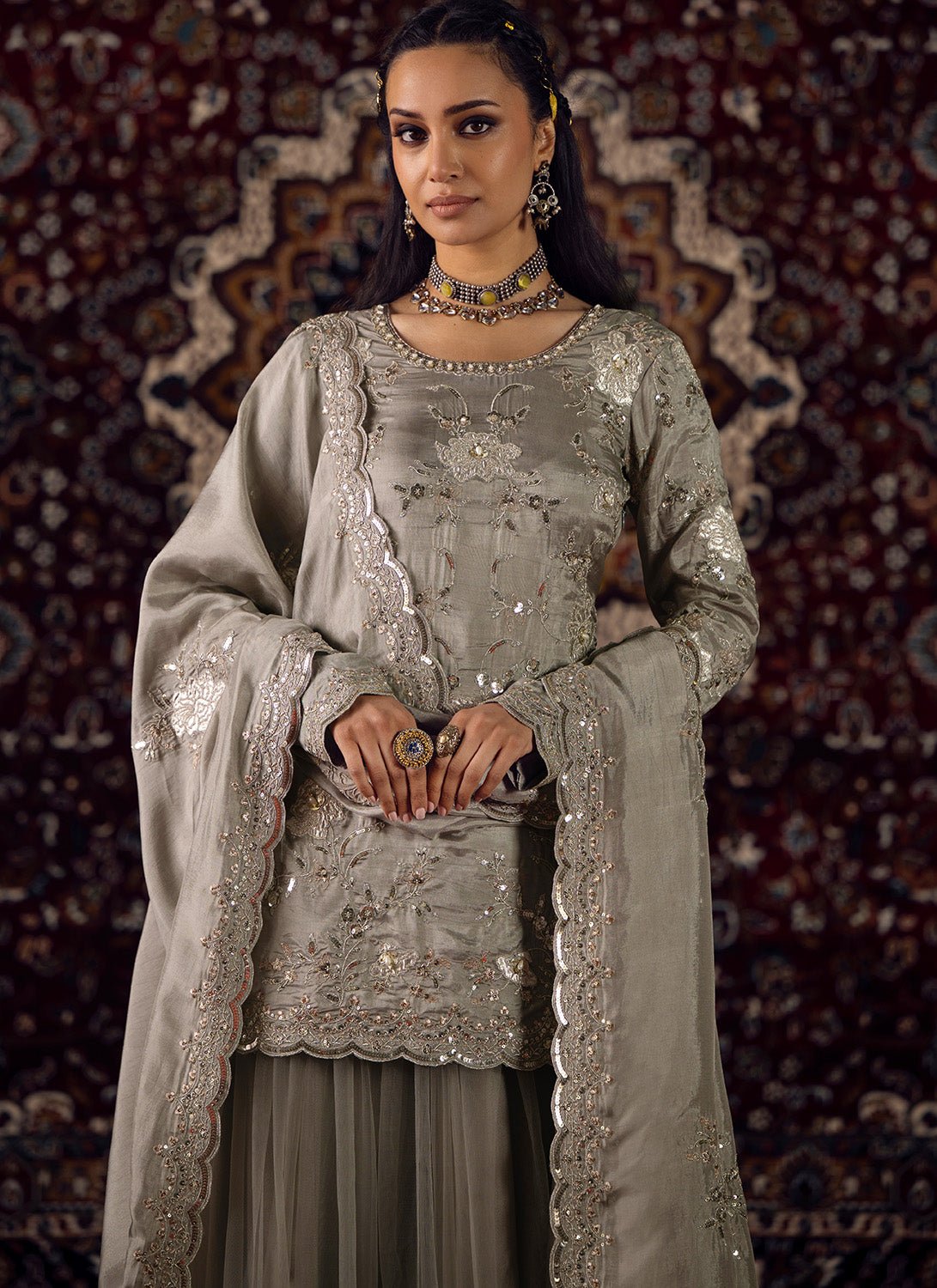 Grey Embroidered Silk Sharara Suit - Lashkaraa