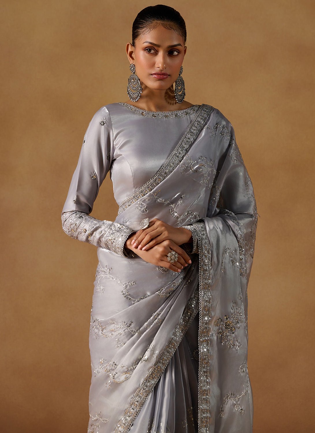 Grey Embroidered Tissue Saree - Lashkaraa