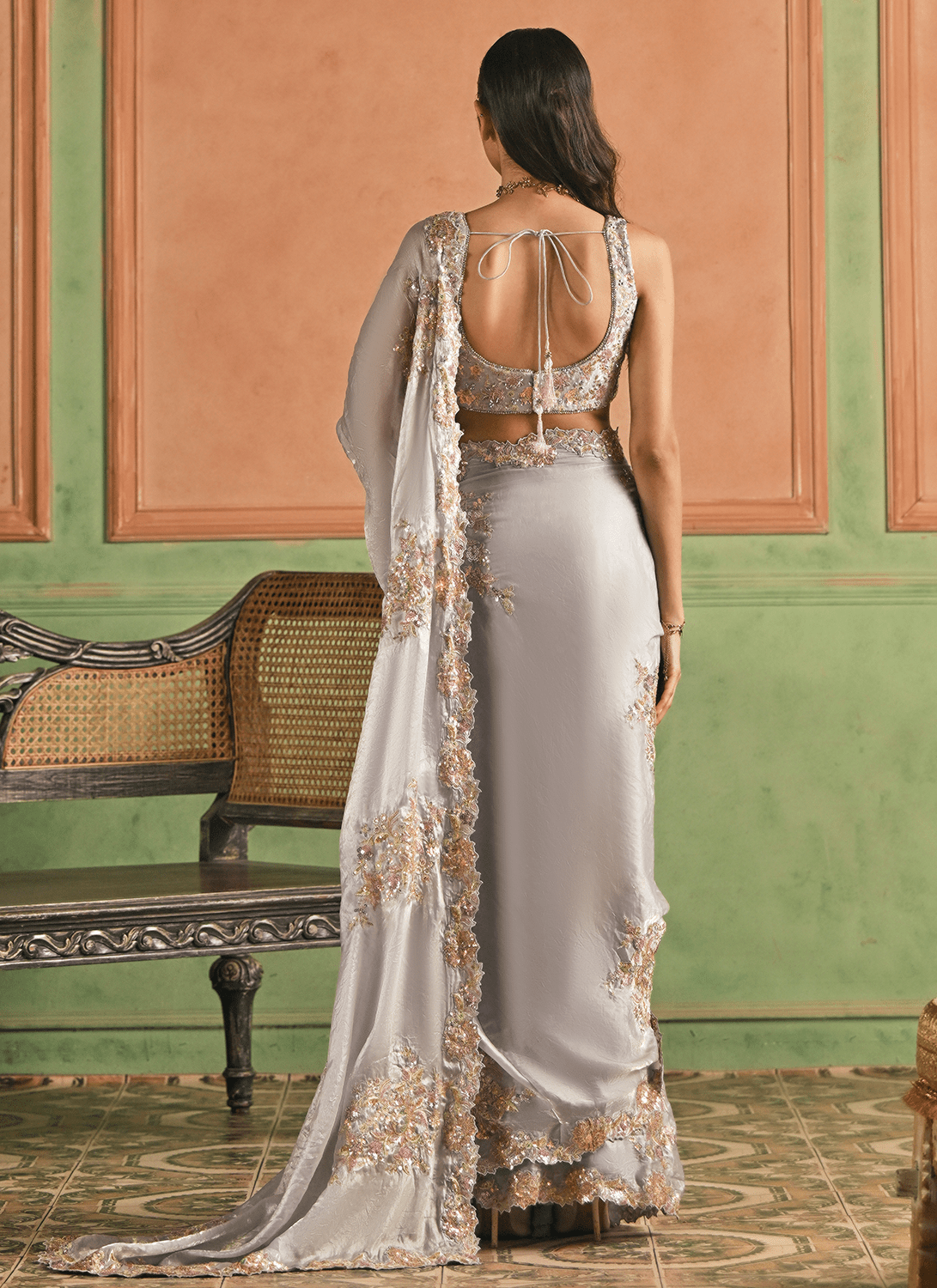 Grey Embroidered Tissue Silk Saree - Lashkaraa