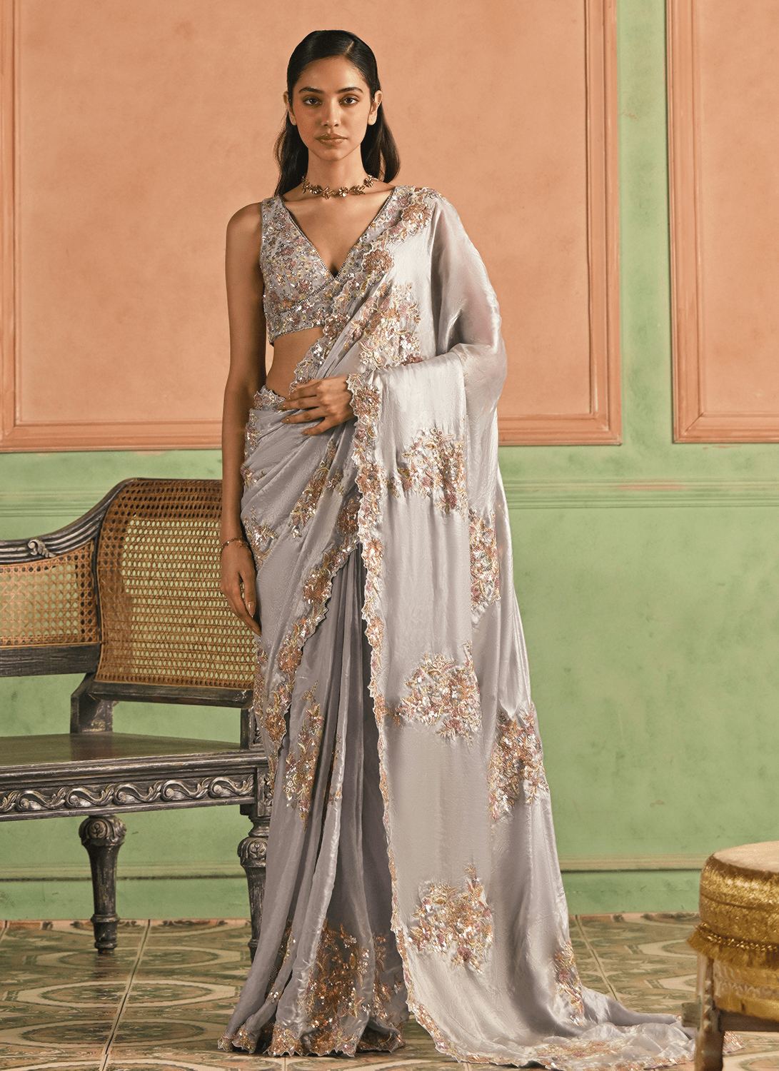 Grey Embroidered Tissue Silk Saree - Lashkaraa