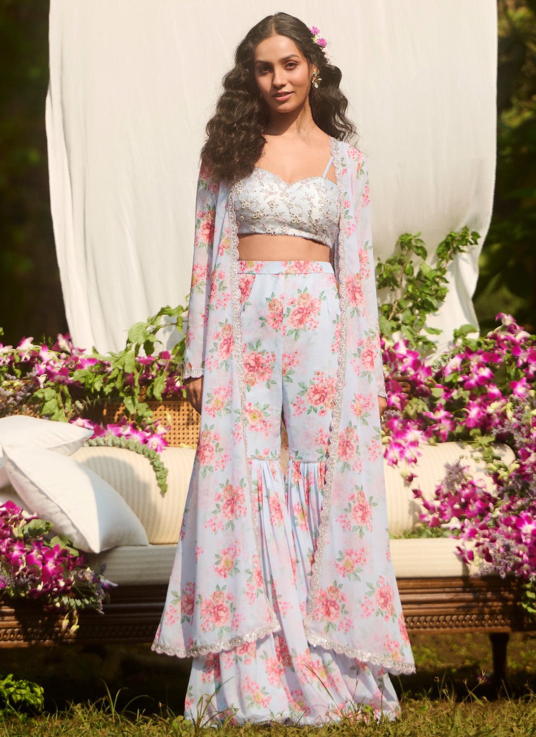 Grey Floral Embroidered Pant Set With Jacket - Lashkaraa