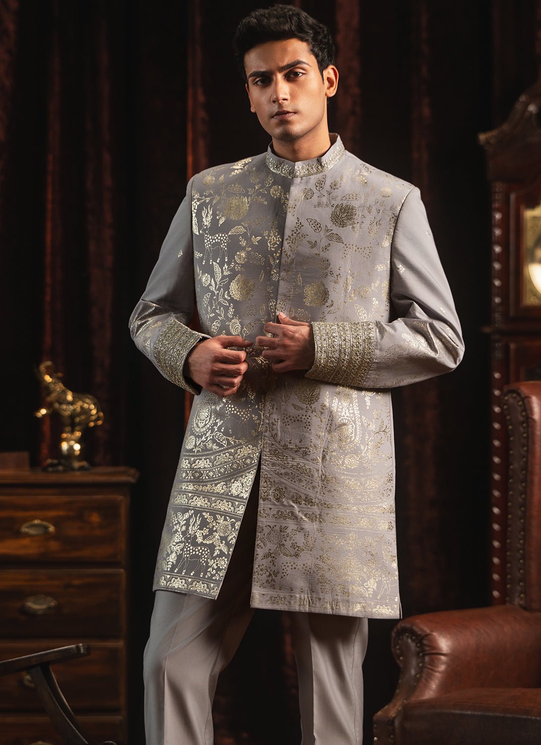 Grey Foil Printed Sherwani - Lashkaraa
