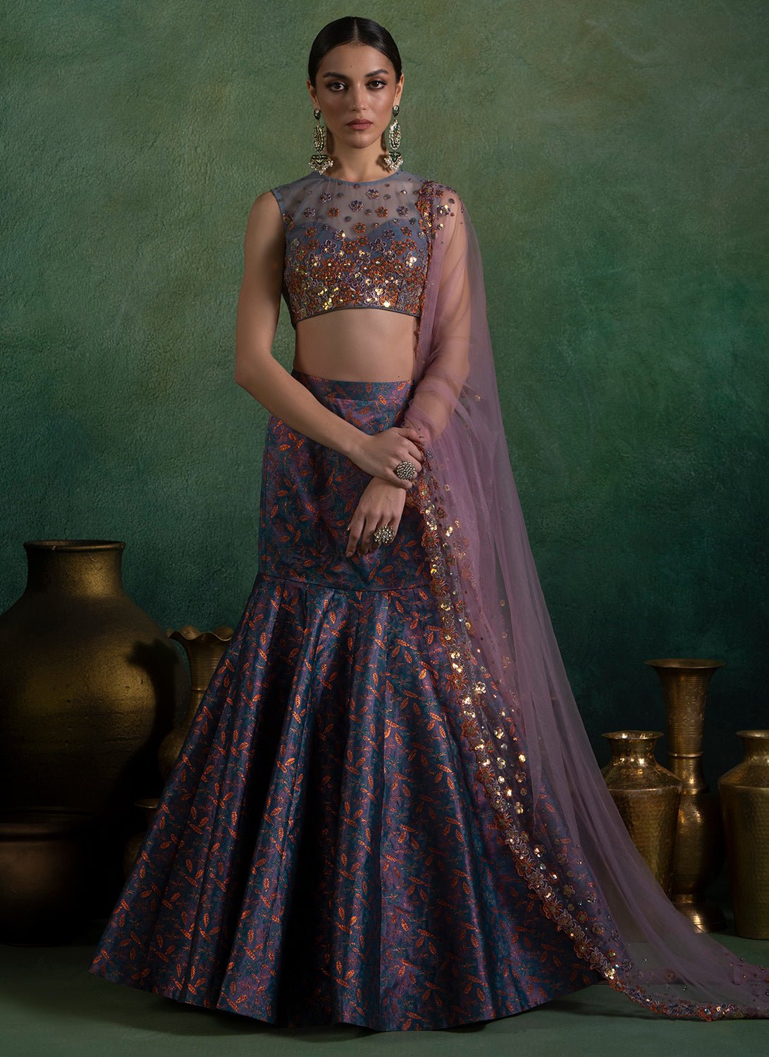 Grey Multicolor Fishcut Embroidered Brocade Lehenga - Lashkaraa