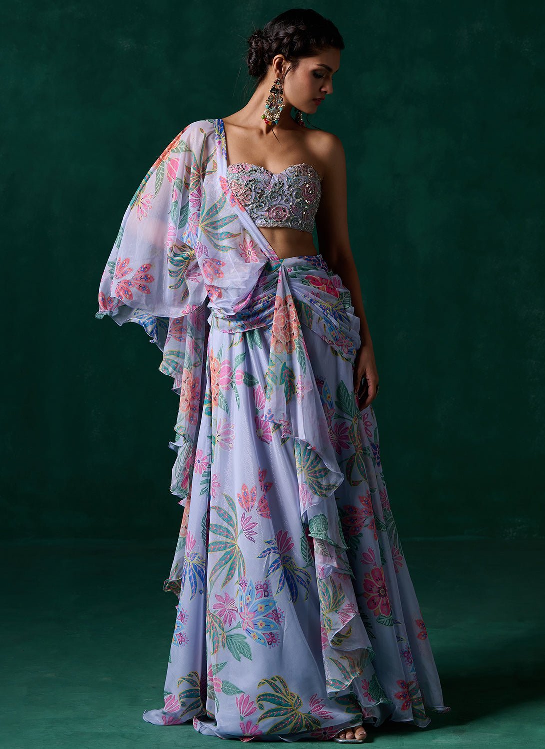 Grey Multicolor Floral Printed Saree - Lashkaraa