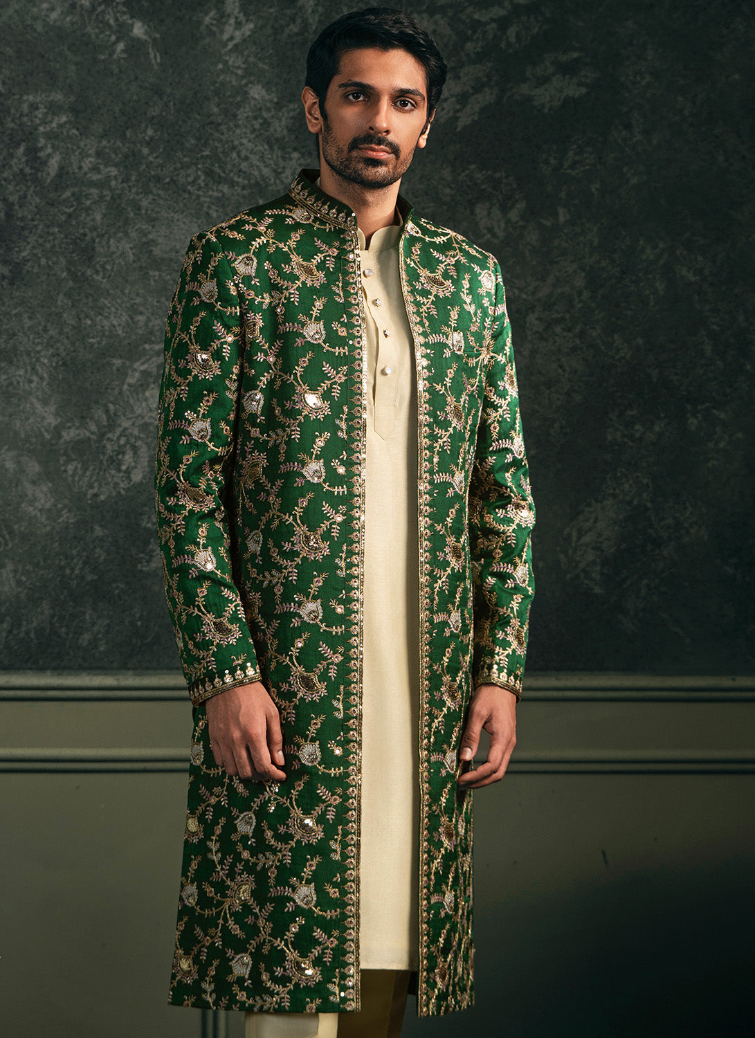 Green Embroidered Silk Sherwani Set