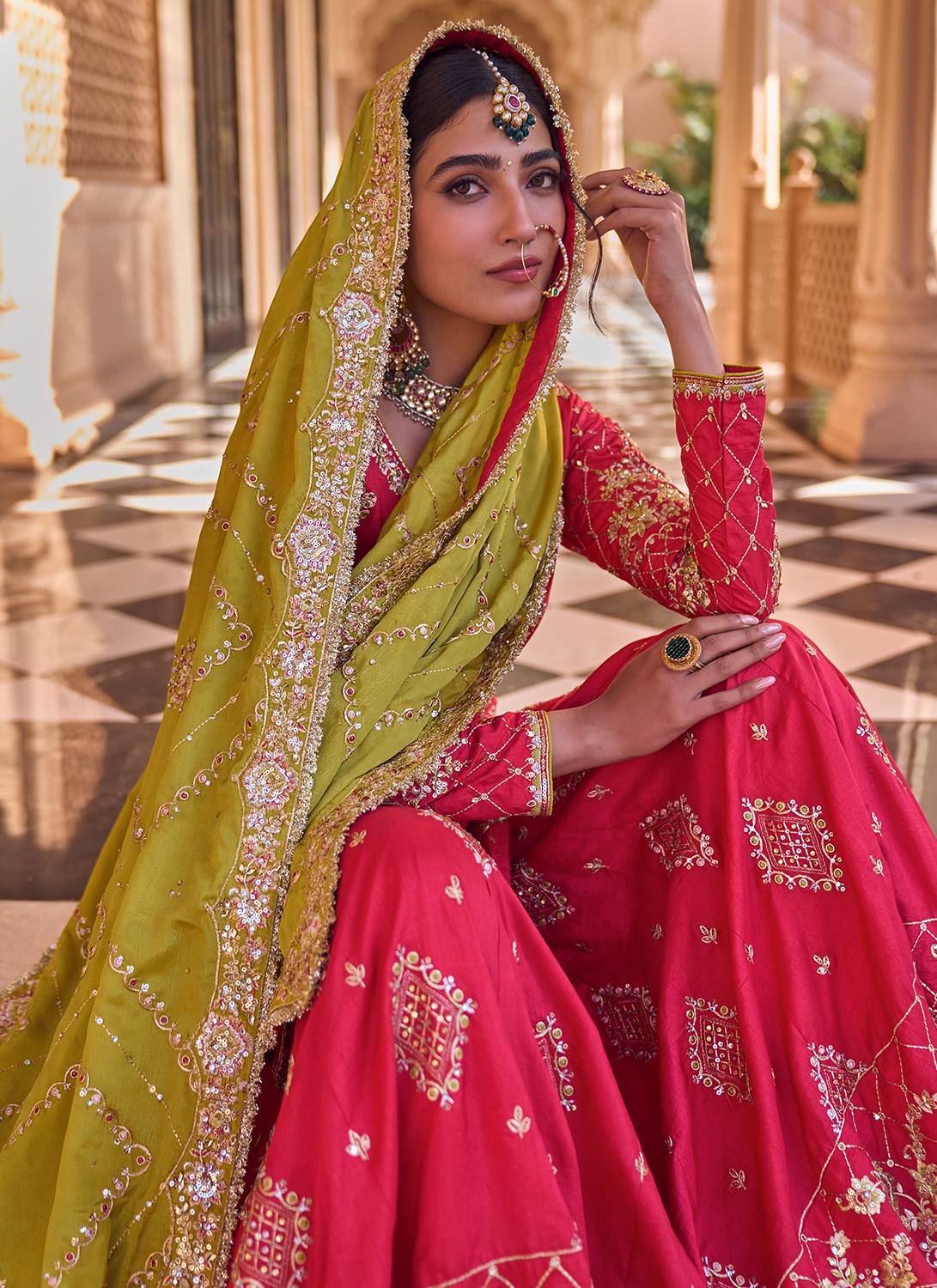 Hot Pink and Mustard Embroidered Sharara - Lashkaraa