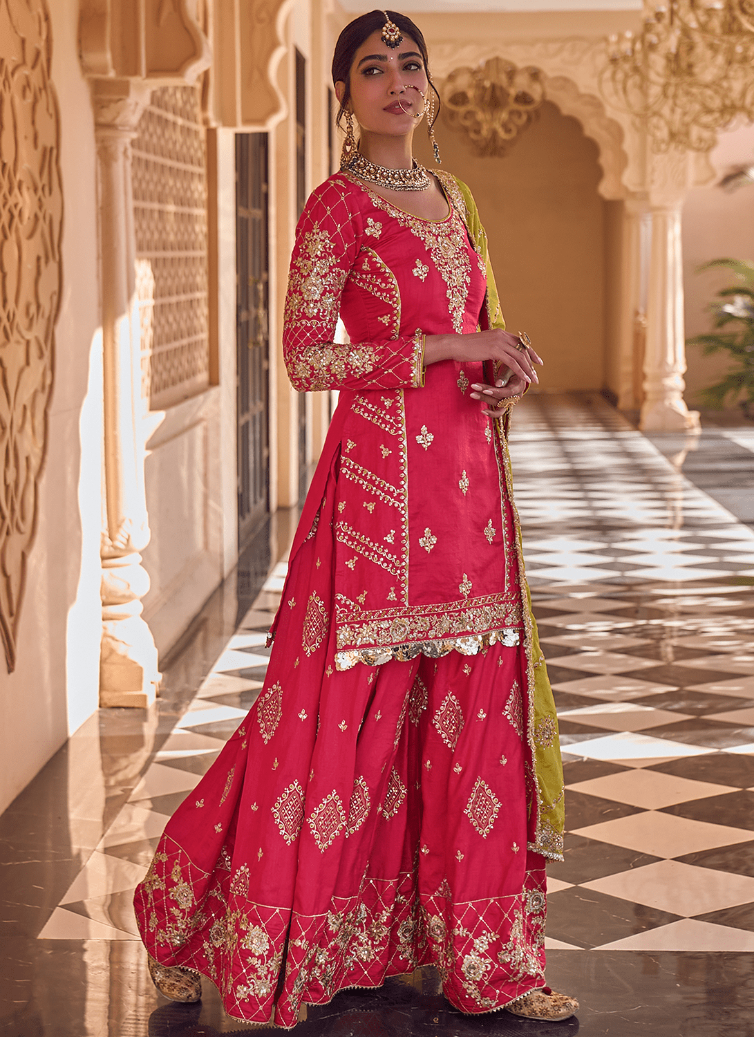 Hot Pink and Mustard Embroidered Sharara - Lashkaraa