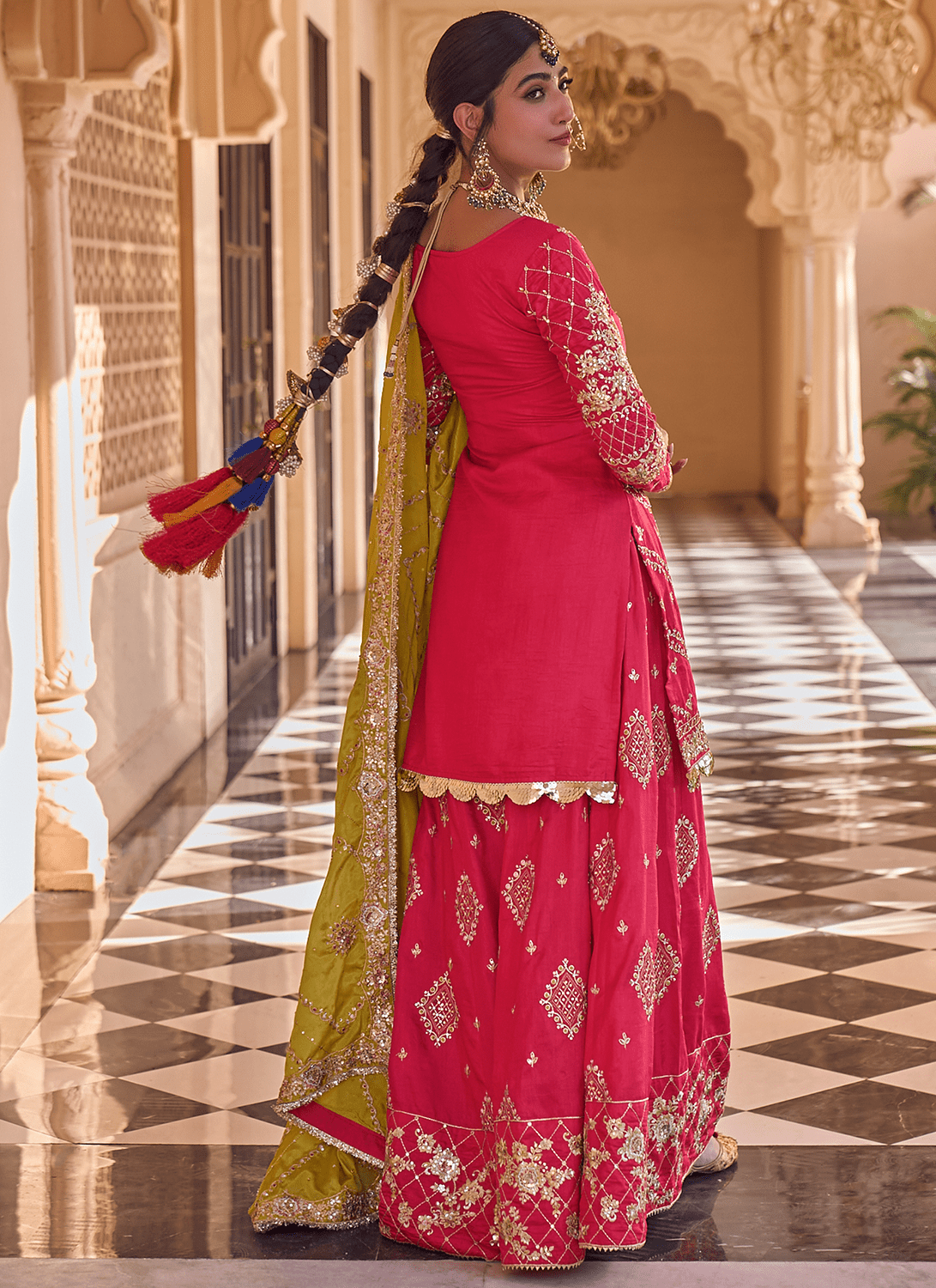 Hot Pink and Mustard Embroidered Sharara - Lashkaraa